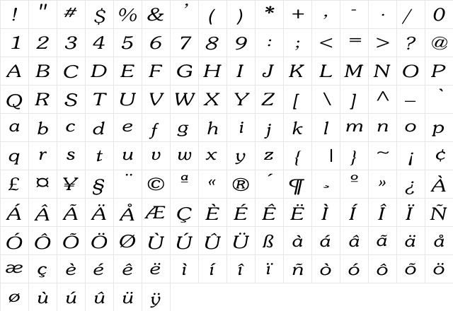 Souvenir-Light-Italic Wd Regular  glyph index