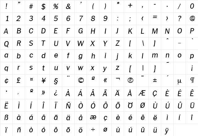 Plymouth-Serial RegularItalic  glyph index