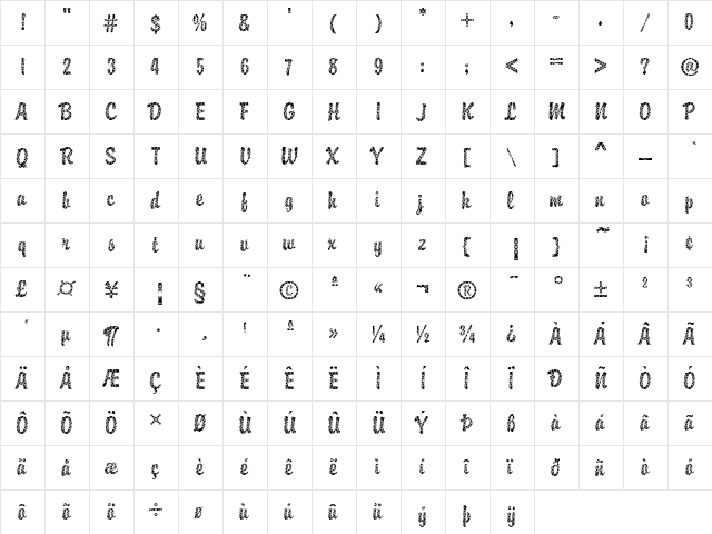 DTC Brody M30 Regular  glyph index