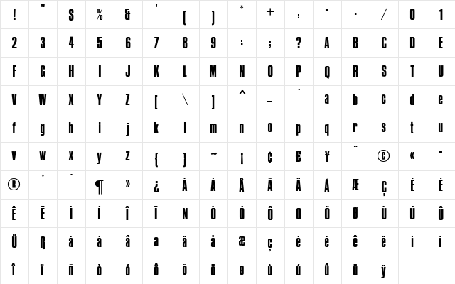 British Inserat MN Condensed  glyph index