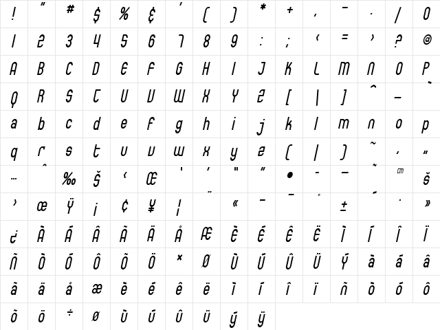 SF Eccentric Opus Condensed Oblique  glyph index