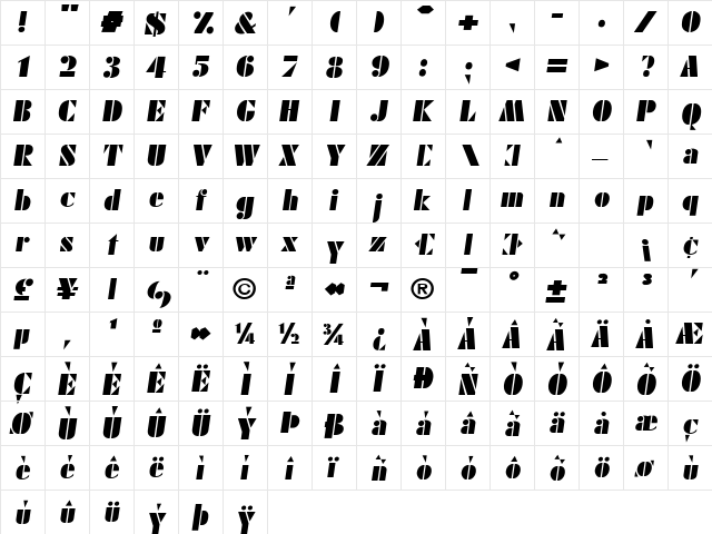 FutureBlack Oblique  glyph index