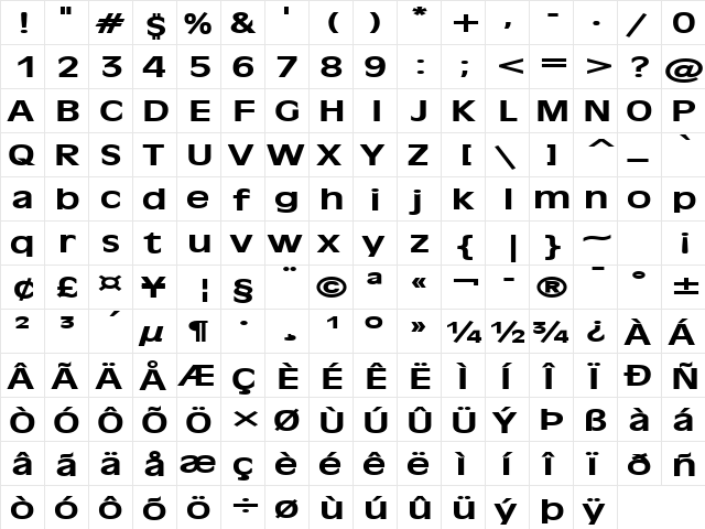 Antiqua 101 Extended Bold  glyph index