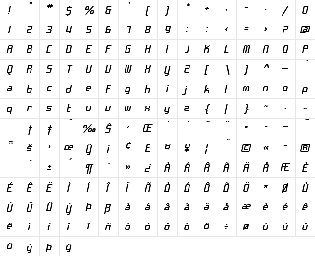 SF Chrome Fenders Extended Oblique  glyph index