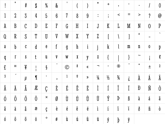 Stint Ultra Condensed Regular  glyph index