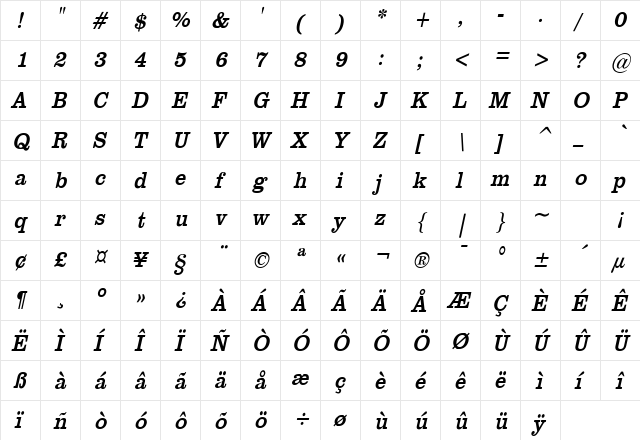 Clare Thin Italic  glyph index