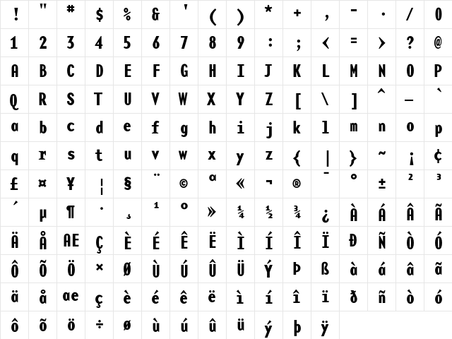 BaseMono NarrowBold  glyph index