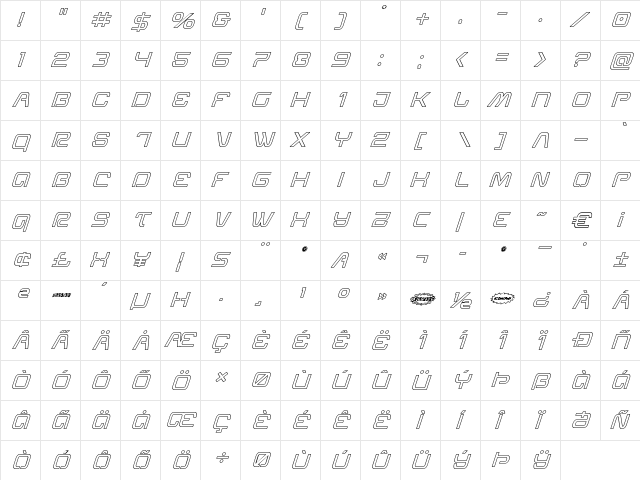 Miracle Mercury Outline Italic Outline Italic  glyph index