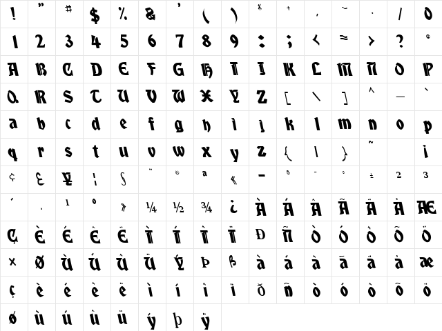 Boy Regular  glyph index