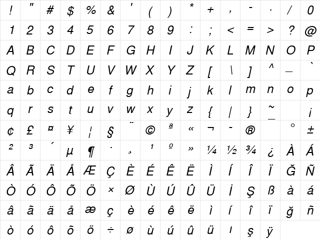 NimbusSanLTU Italic  glyph index
