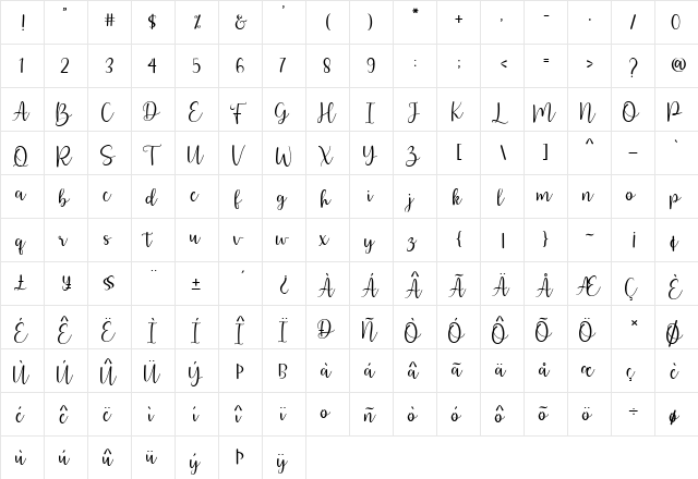 Arbhie Script Regular  glyph index
