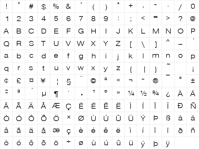 Nimbus Sans Becker TLigExt Regular  glyph index