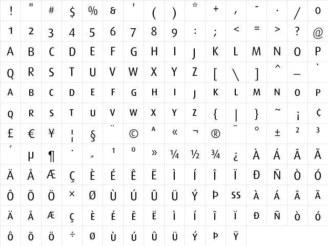 Dax-RegularCaps Regular  glyph index