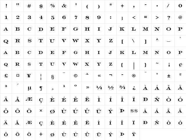 Engravers LH Bold Face Regular  glyph index