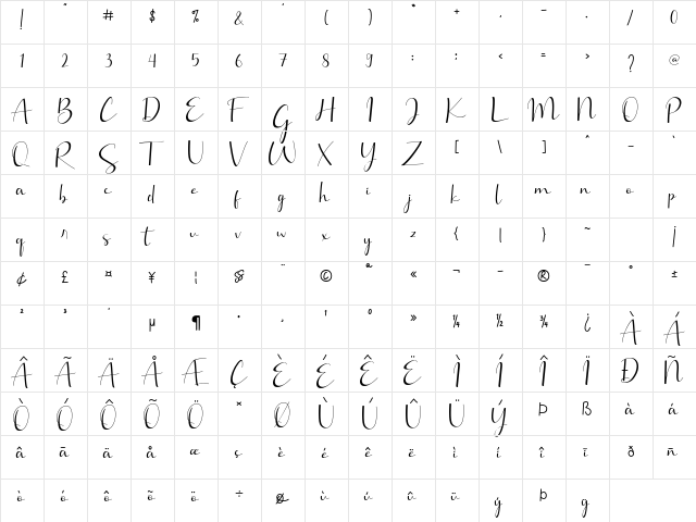 Brillia Calligraphy Regular  glyph index