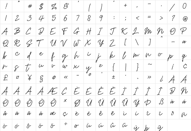 Mashiya Regular  glyph index