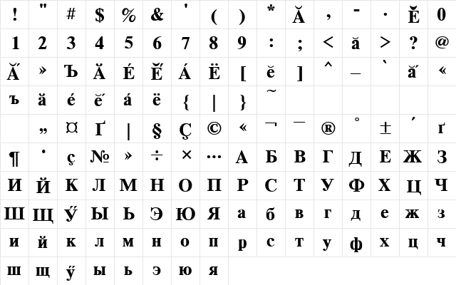 TimesET Chuvash Bold  glyph index
