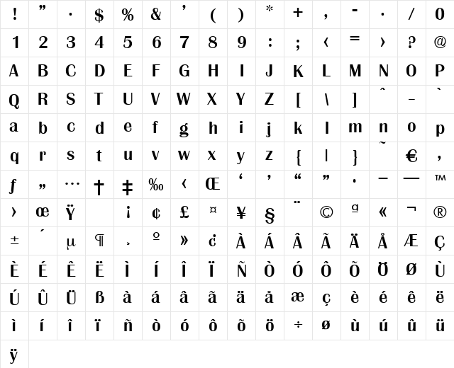 Grenoble-Medium Regular  glyph index