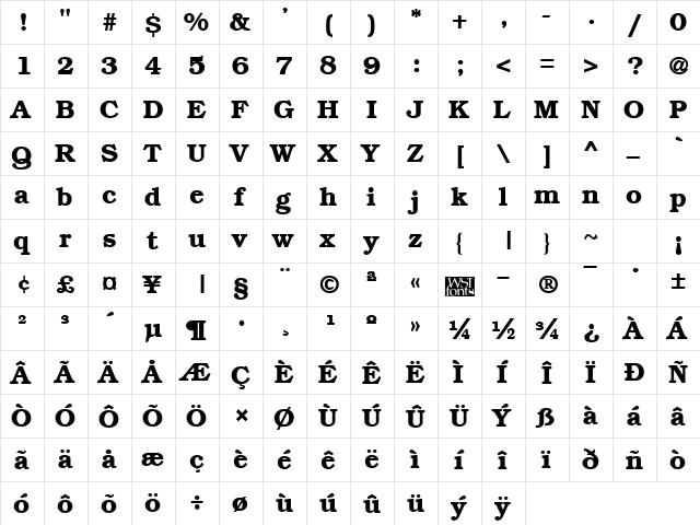 Bookplate Bold  glyph index