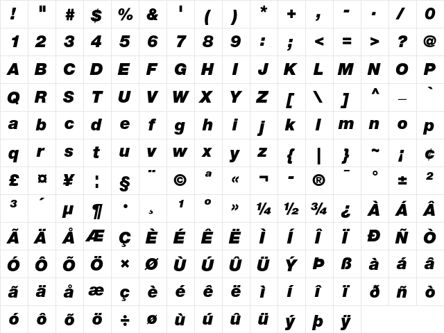 Helvetica Neue 96 Black Italic  glyph index