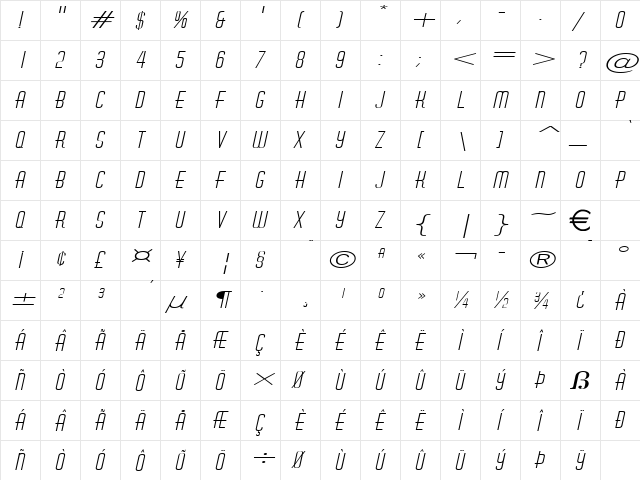 HustleExtended Italic  glyph index