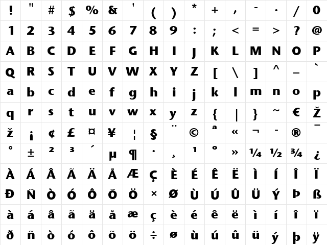 StoneSans LT Bold Regular  glyph index