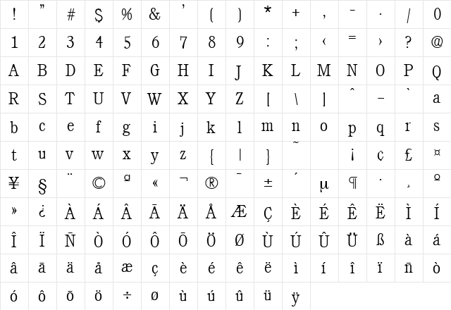 Calgary-Serial-ExtraLight Regular  glyph index