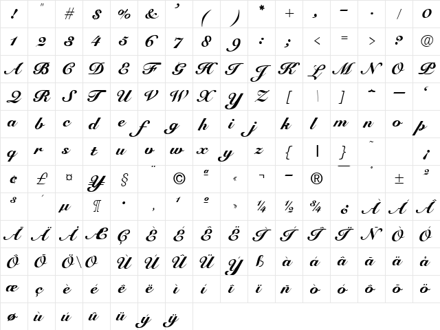 CursiveElegant Normal  glyph index