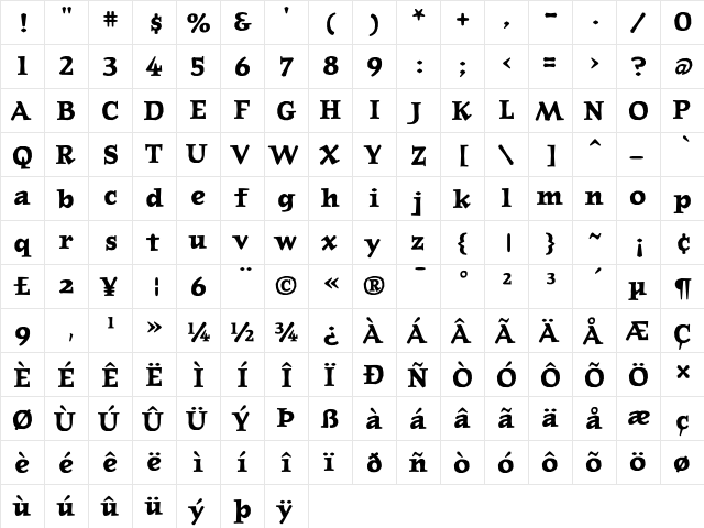 JournalBoldLining Regular  glyph index