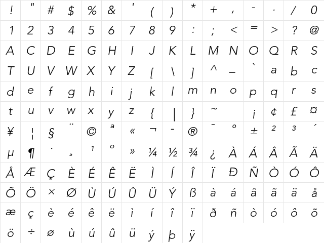 Avenir LT Std 35 Light Oblique  glyph index