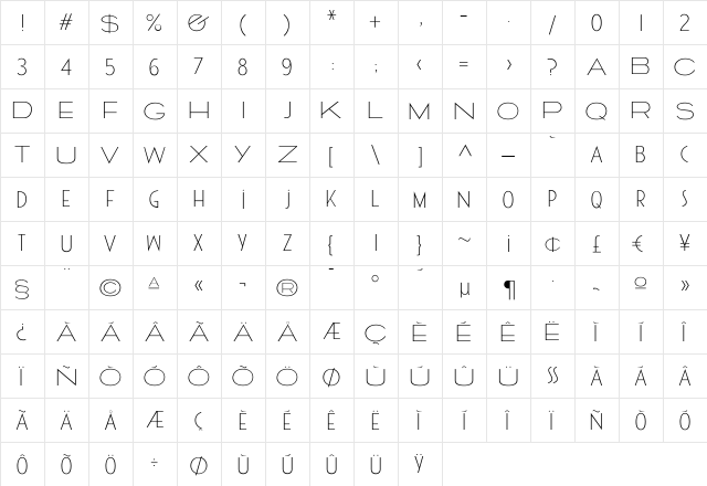Cassandra Light Regular  glyph index