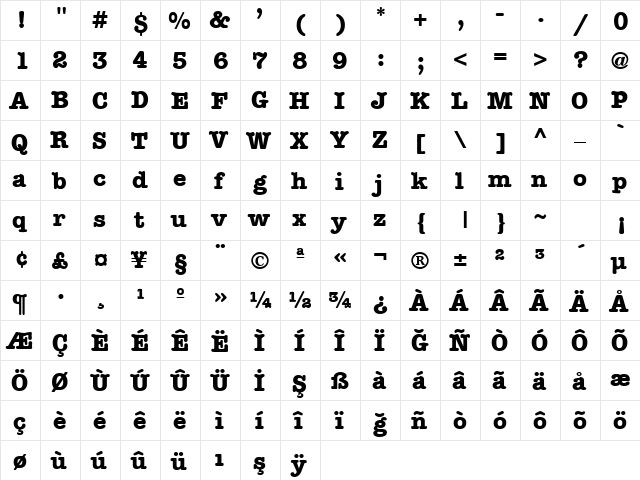 TR Memorandum Bold  glyph index