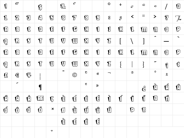 ShoCard Capital Regular  glyph index