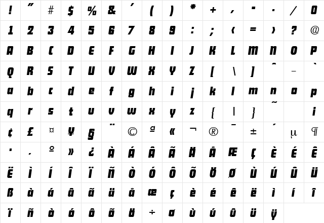 DekoDisplay-Serial BoldItalic  glyph index
