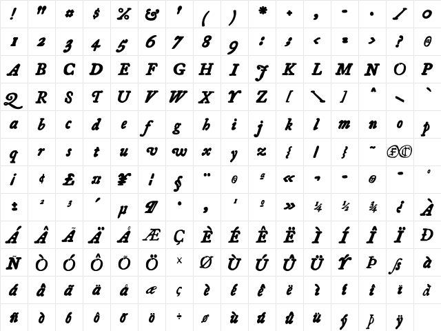 Essays1743 BoldItalic  glyph index