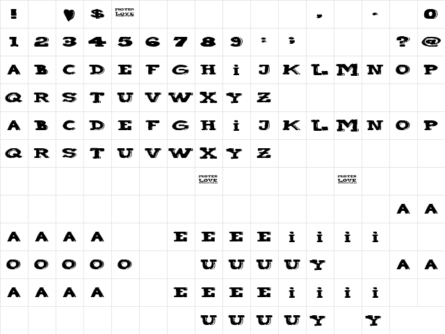 Mister Love Regular  glyph index