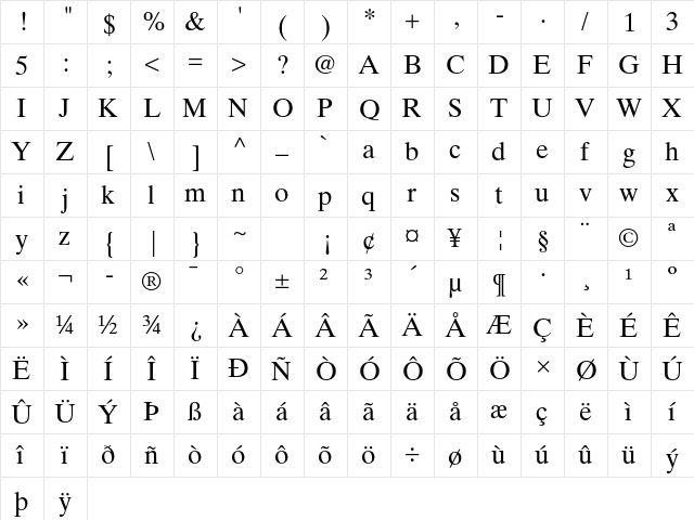 Times Ten LT Std Roman  glyph index