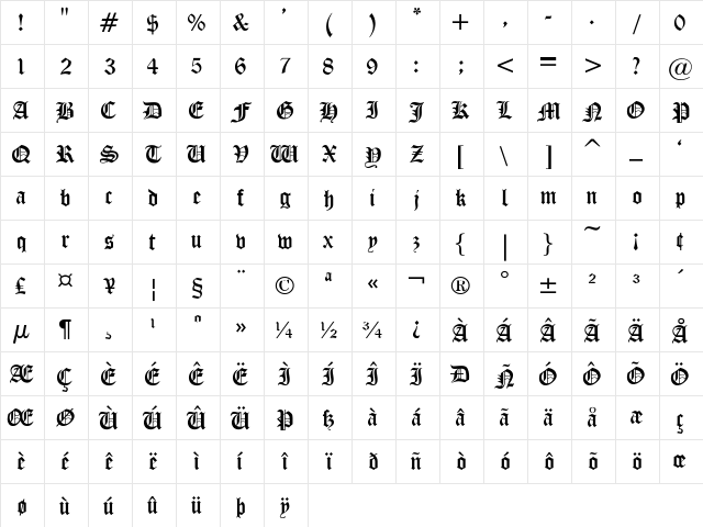 Princessa-Light Regular  glyph index