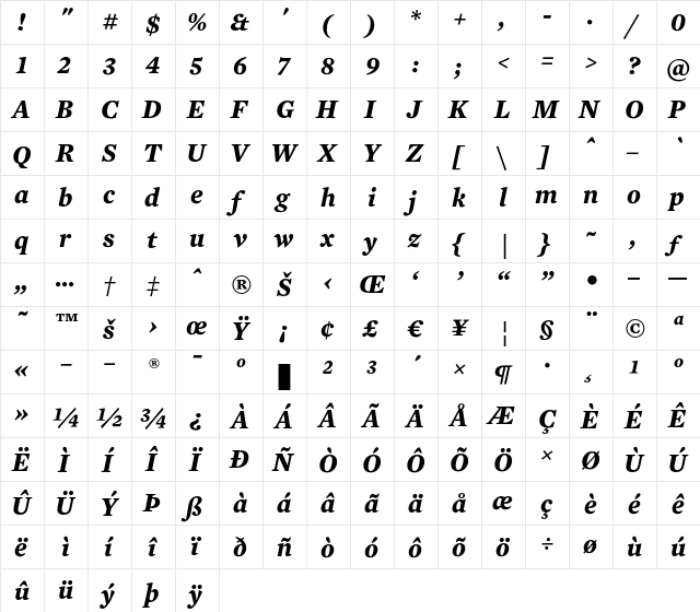 Mercury Text G3 Bold Italic  glyph index