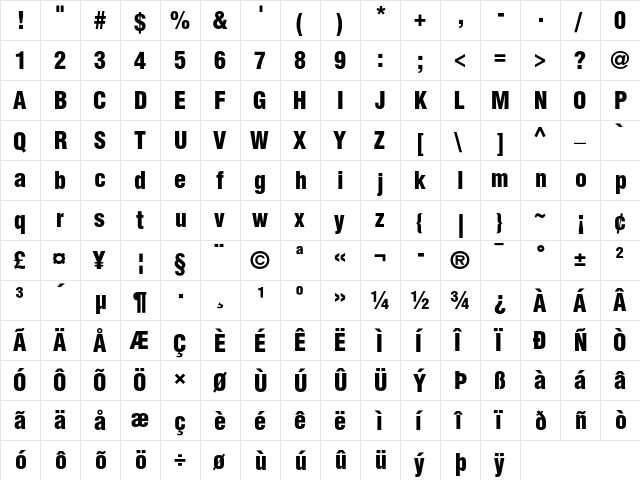 Helvetica Black Condensed  glyph index