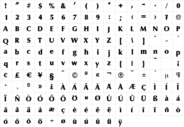 ColumbiaSerial-Heavy Regular  glyph index
