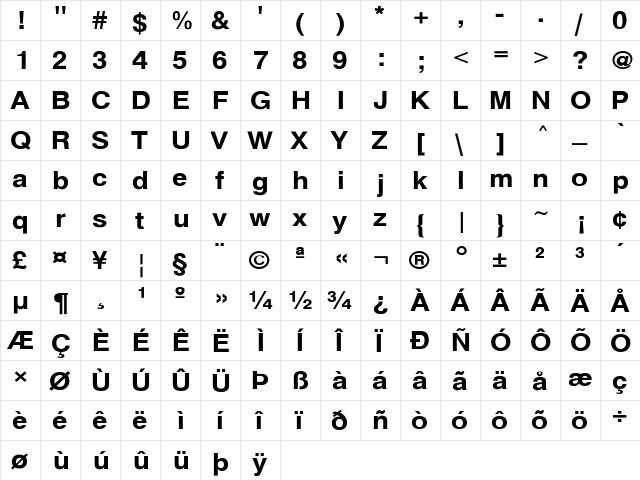 HelveticaExt-Bold Regular  glyph index