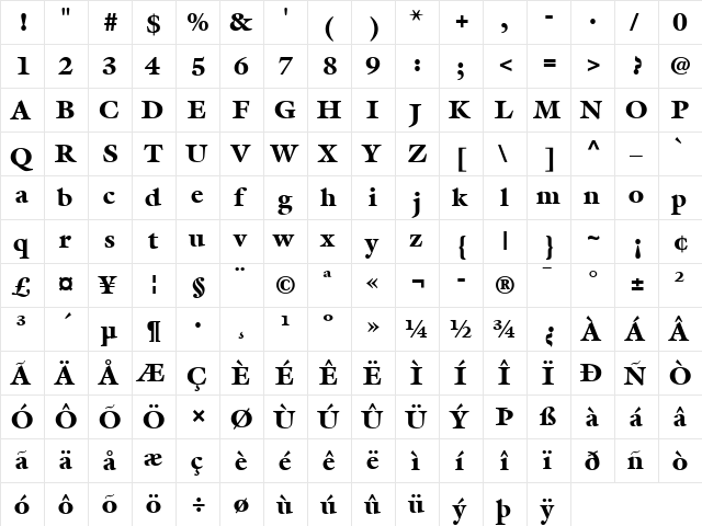 Galliard LT Black Regular  glyph index