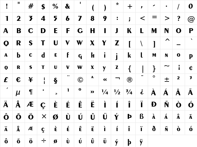 Exotic 350 Bold  glyph index