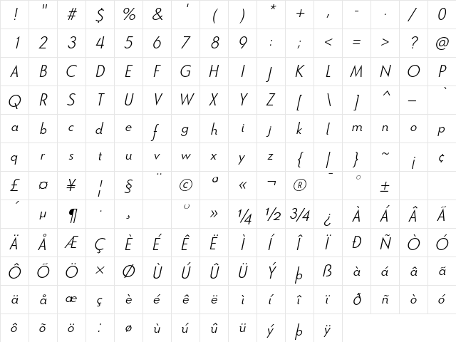 Le Havre Light Italic Light Italic  glyph index