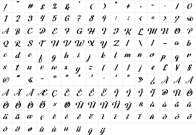 Venhille Quaver Regular  glyph index