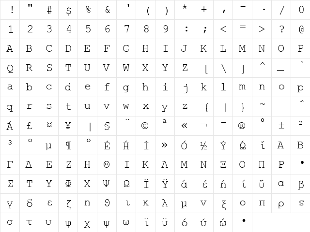 HellasCour Regular  glyph index