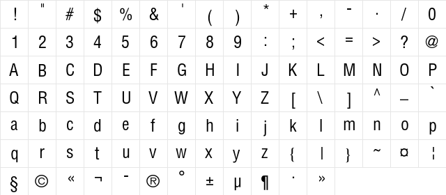 AGLettericaCondensedC Regular  glyph index