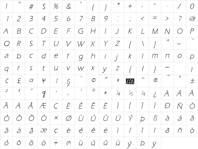 ErgoeLight Italic  glyph index