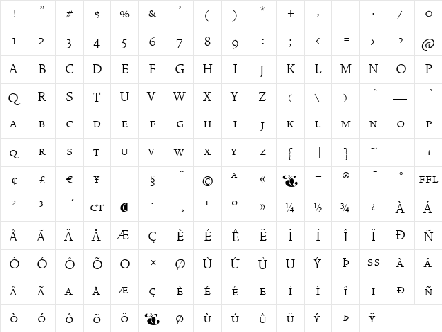 VendettaLightPetiteCaps Regular  glyph index